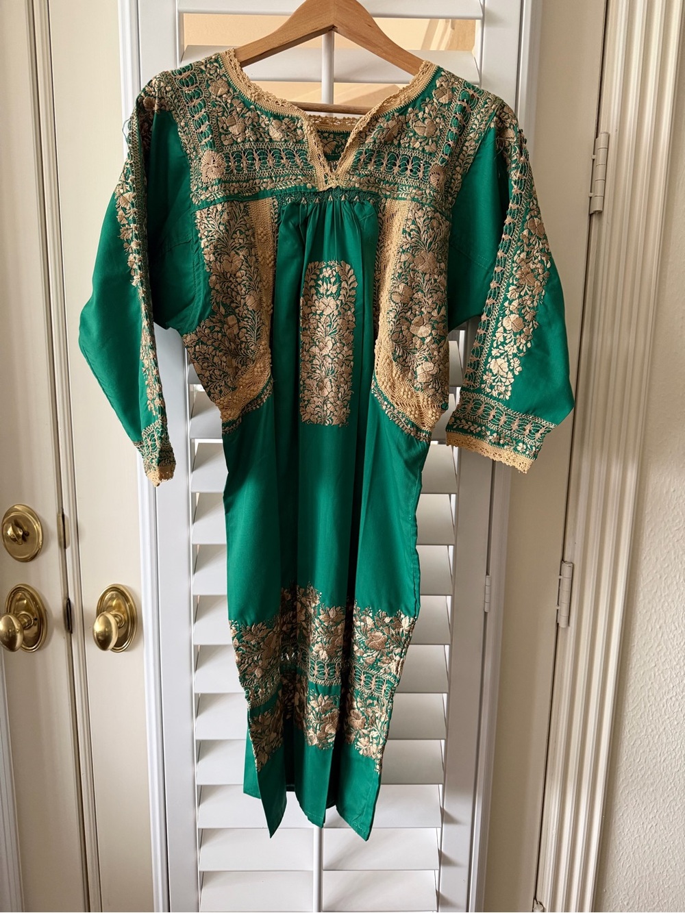 Heavenly Embroidered Green Dan Antonino Dress with Gold Floral Detailing